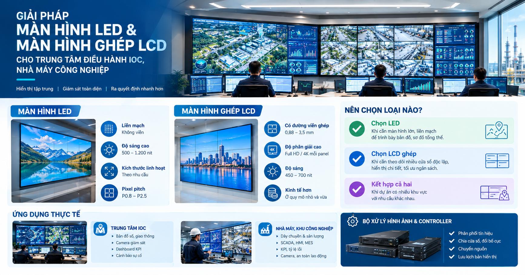 GIẢI PHÁP MÀN HÌNH LED VÀ MÀN HÌNH GHÉP LCD CHO TRUNG TÂM ĐIỀU HÀNH IOC, NHÀ MÁY CÔNG NGHIỆP